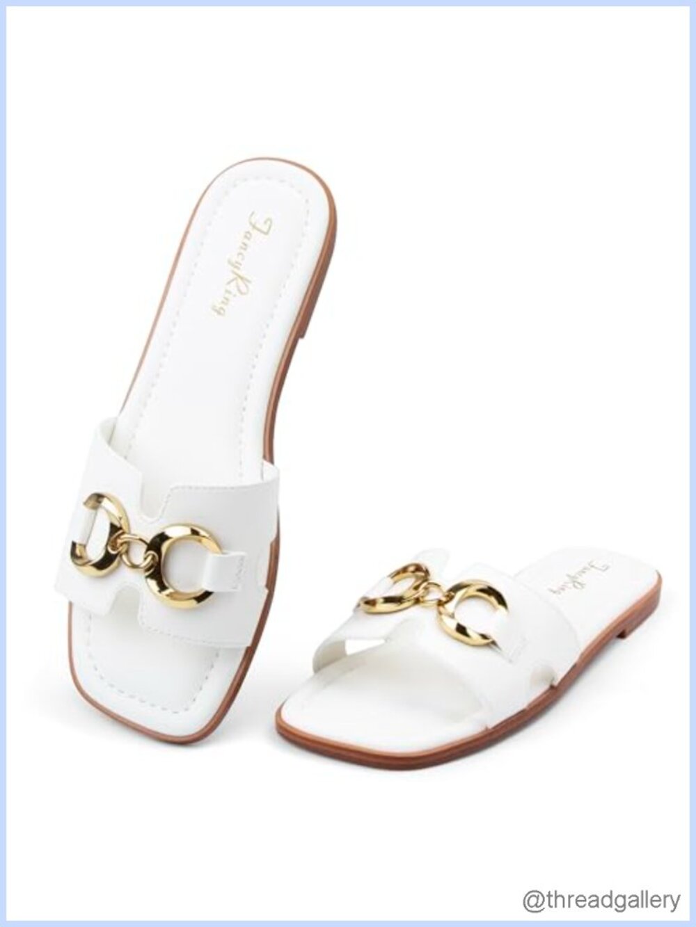 Faux Leather Flat Slide Sandals with Metal Chain Slip On Square Toe